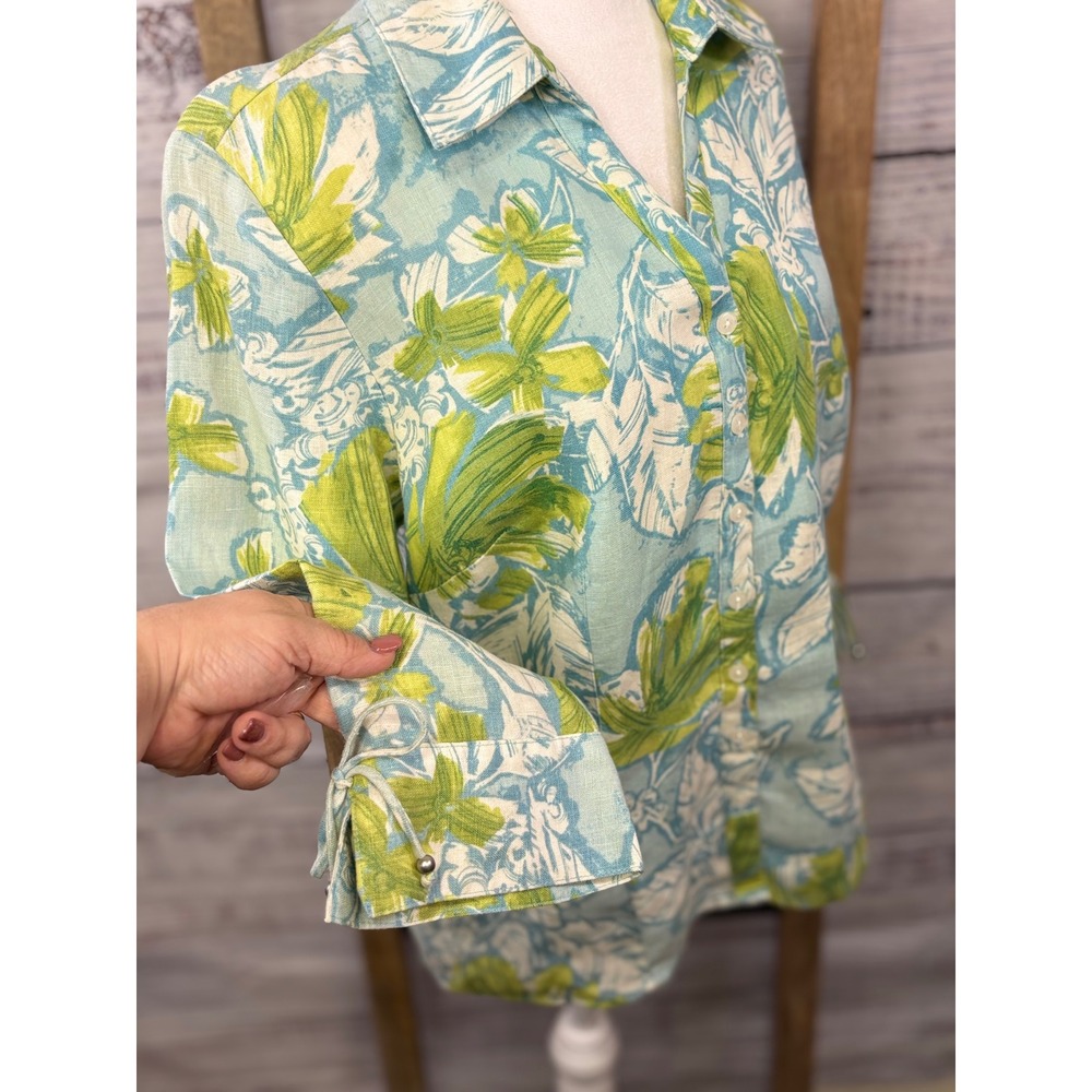 JM Collection 100% Linen Button Down Floral Blue Green 3/4 Sleeve Tie Cuff - Picture 9 of 10